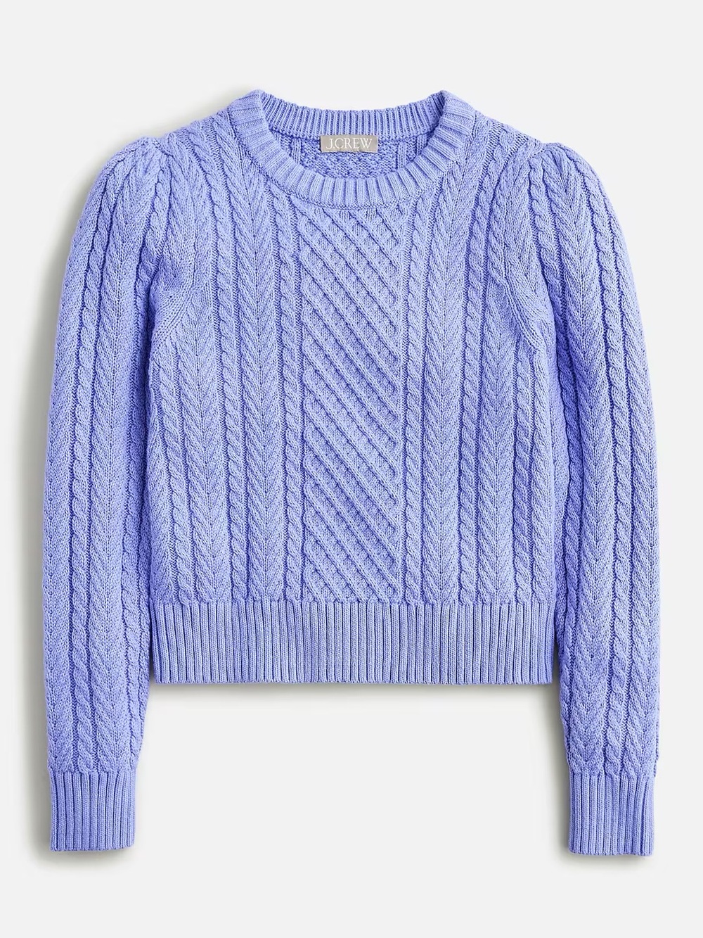 J. Crew Fresh Orchid Cable-Knit Puff-Sleeve Crewneck Sweater (Size S)
